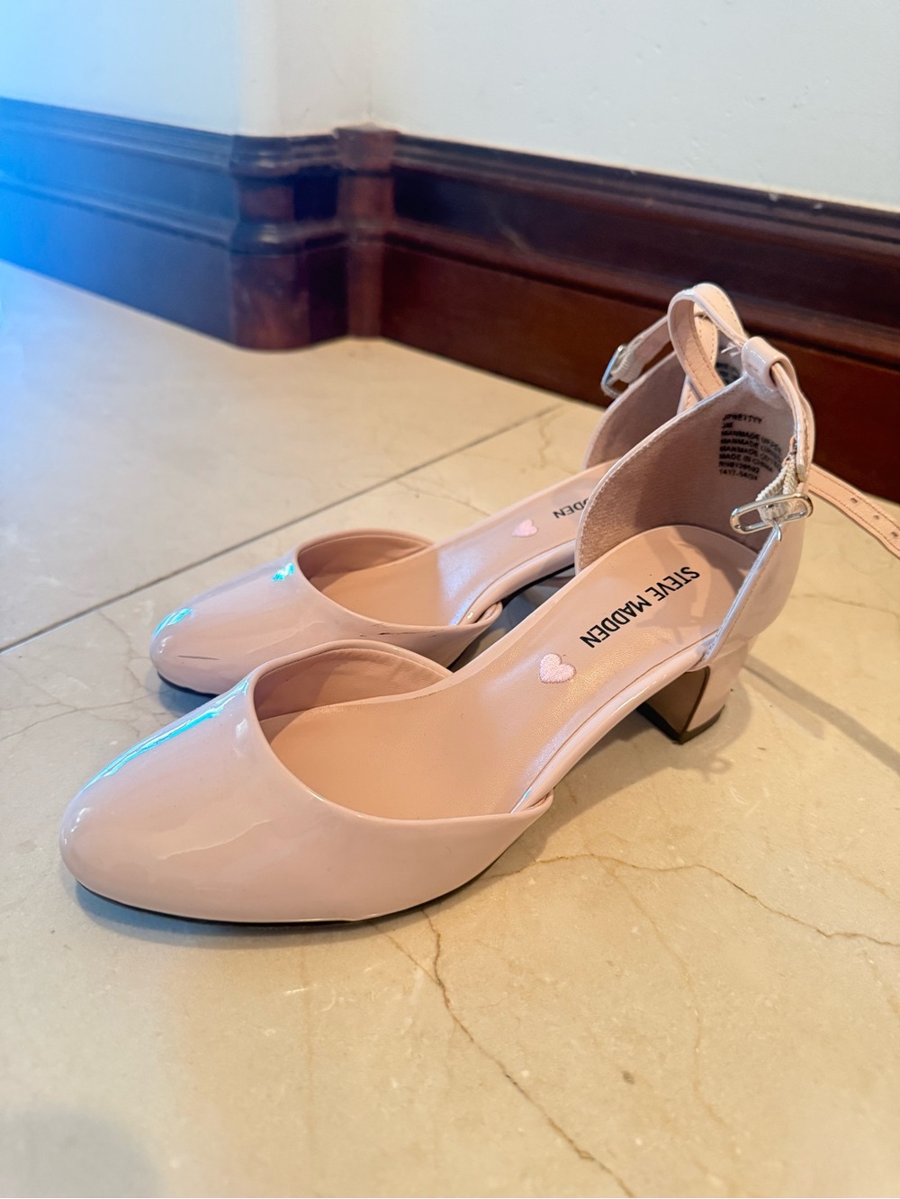 Girls Steve Madden Blush Patent Ankle Strap Low Block Heels